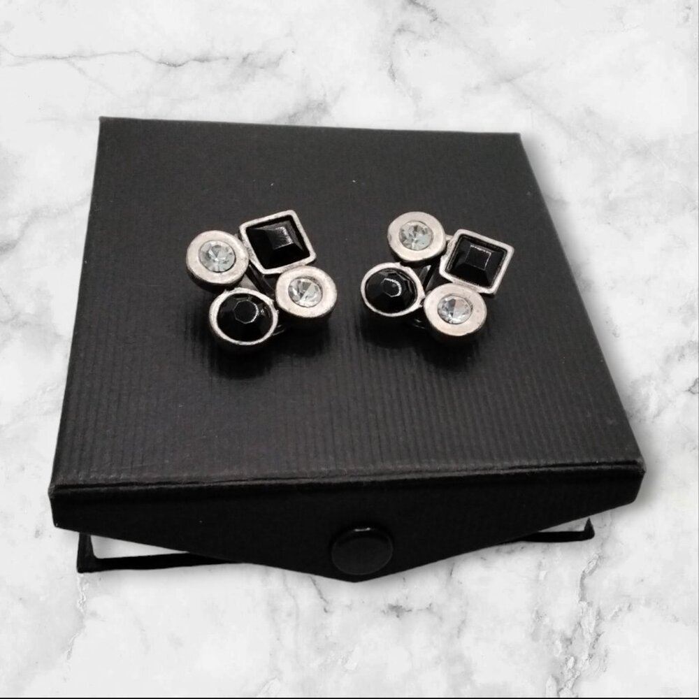 Retro Silver & Black Clip On Earrings - Metal and Embellished With Acrylic Beads